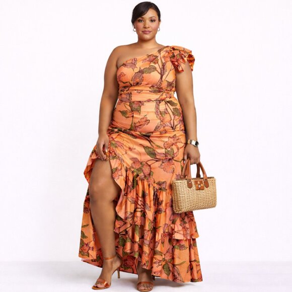 Hutch Dresses & Skirts - ANTHROPOLOGIE Hutch NWT Floral One-Shoulder Ruffle Maxi Dress Orange Botanical
